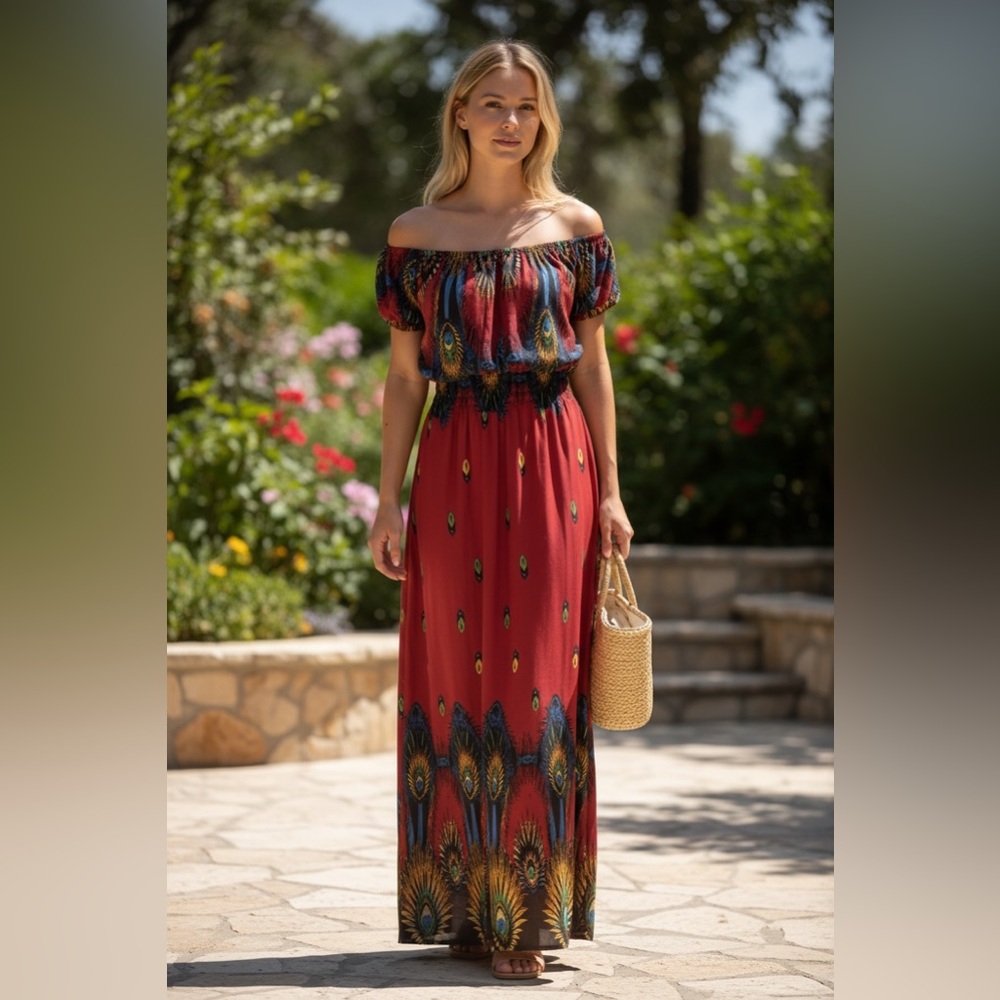 Gorgeous Red and multi- color Maxi Dress, size small/medium.  Beaded at neck .